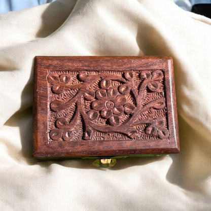 Handcarved Wooden Jewelry Box with Floral Carving & Brass Latch | Small Storage Organizer | 3×2 in |