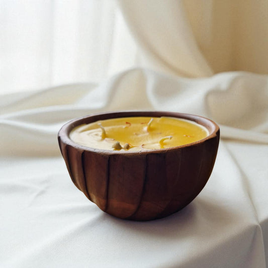 Premium Kesar Soy & Coconut Wax Scented Candle, Striped Wooden Bowl by SacredFig - 5x5x2.75 in