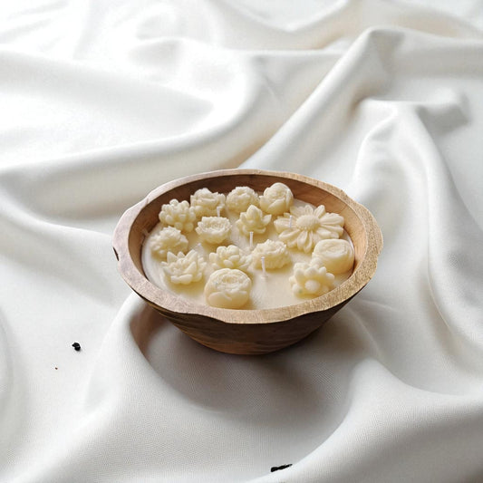 Stunning Floral Soy & Coconut Wax Scented Candle, XL Wooden Bowl by SacredFig - 8x8x4 in