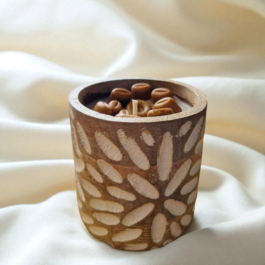 Coffee Beans themed Soy & Coconut Wax Scented Candle, Hammered Wooden Jar by SacredFig - 3.2x3.2x3 in