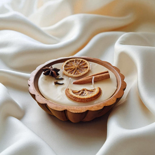 Indian Spice Soy & Coconut Wax Perfumed Candle in Wooden Bowl by SacredFig - 6x6x2.75 in