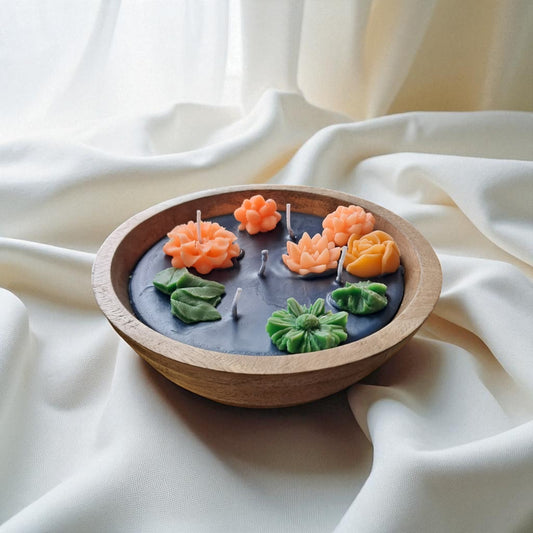 Lotus Pond Soy & Coconut Wax Perfumed Candle in natural Wooden Bowl by SacredFig - 7x7x2.75 in