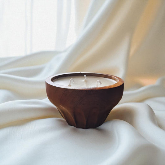 Premium 3-wick Soy & Coconut Wax Scented Candle, Wooden Bowl by SacredFig - 5x5x3 in