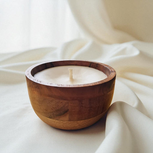 Premium Soy & Coconut Wax Scented Candle, Acacia Wood Bowl by SacredFig - 4x4x2 in