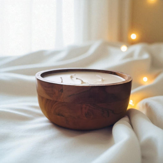 Premium Soy & Coconut Wax Scented Candle, Acacia Wood Bowl by SacredFig - 6x6x2 in