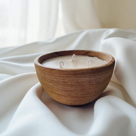 Premium Soy & Coconut Wax Scented Candle in Wooden Bowl (Horizontal Lines) by SacredFig - 5x5x2.75 in