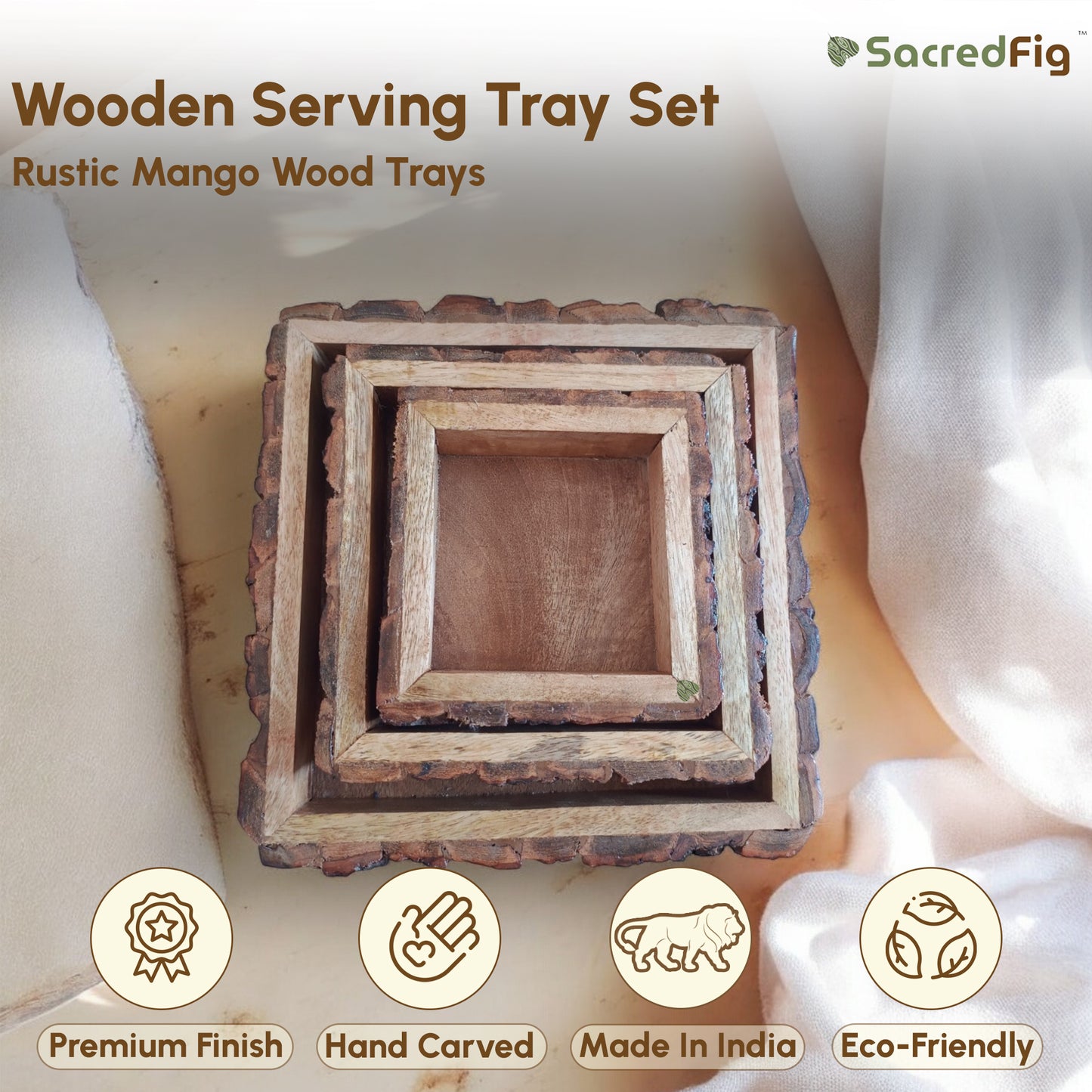 SacredFig Rustic Mango Wood Trays| Set of 3 Square Trays | S,M,L Sizes