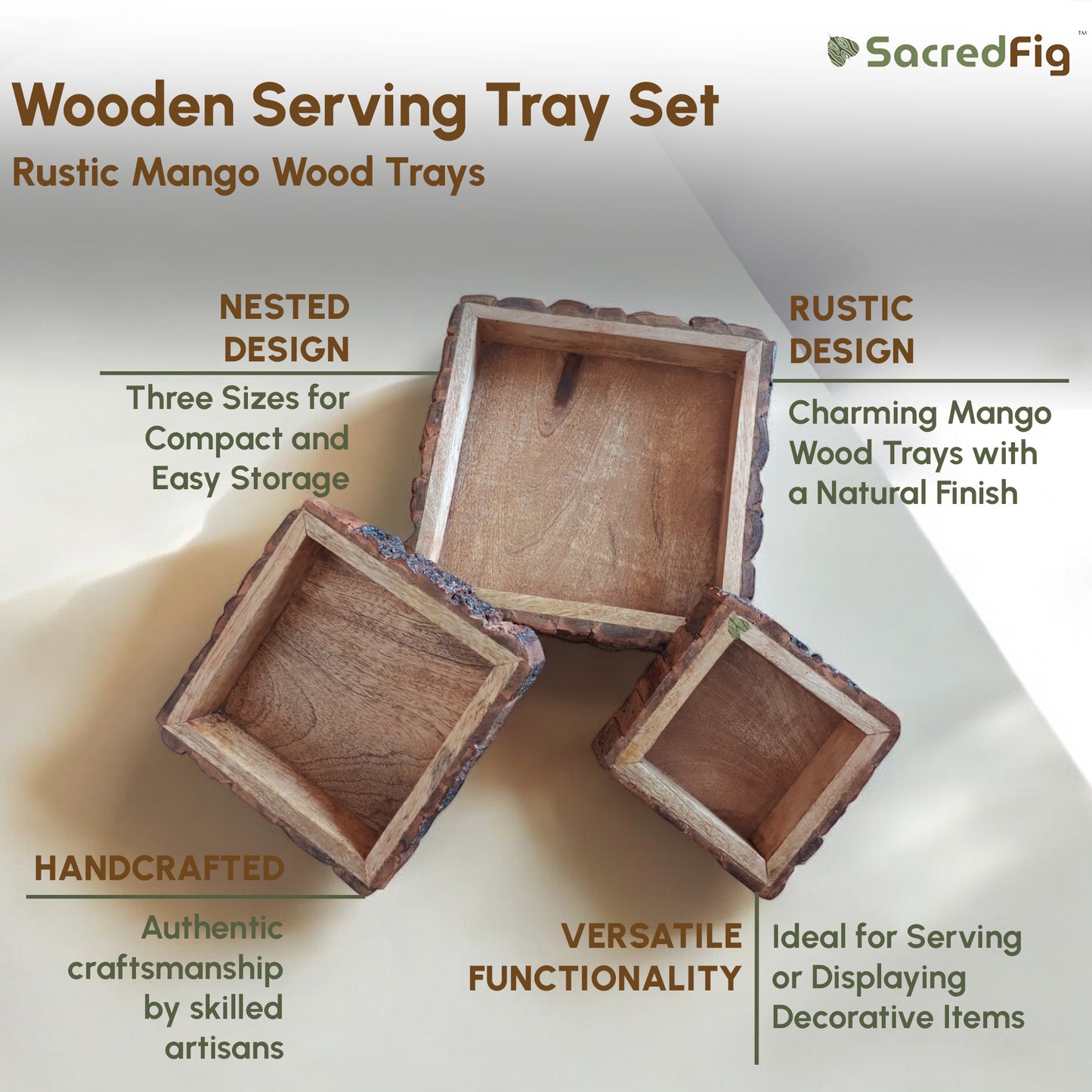 SacredFig Rustic Mango Wood Trays| Set of 3 Square Trays | S,M,L Sizes