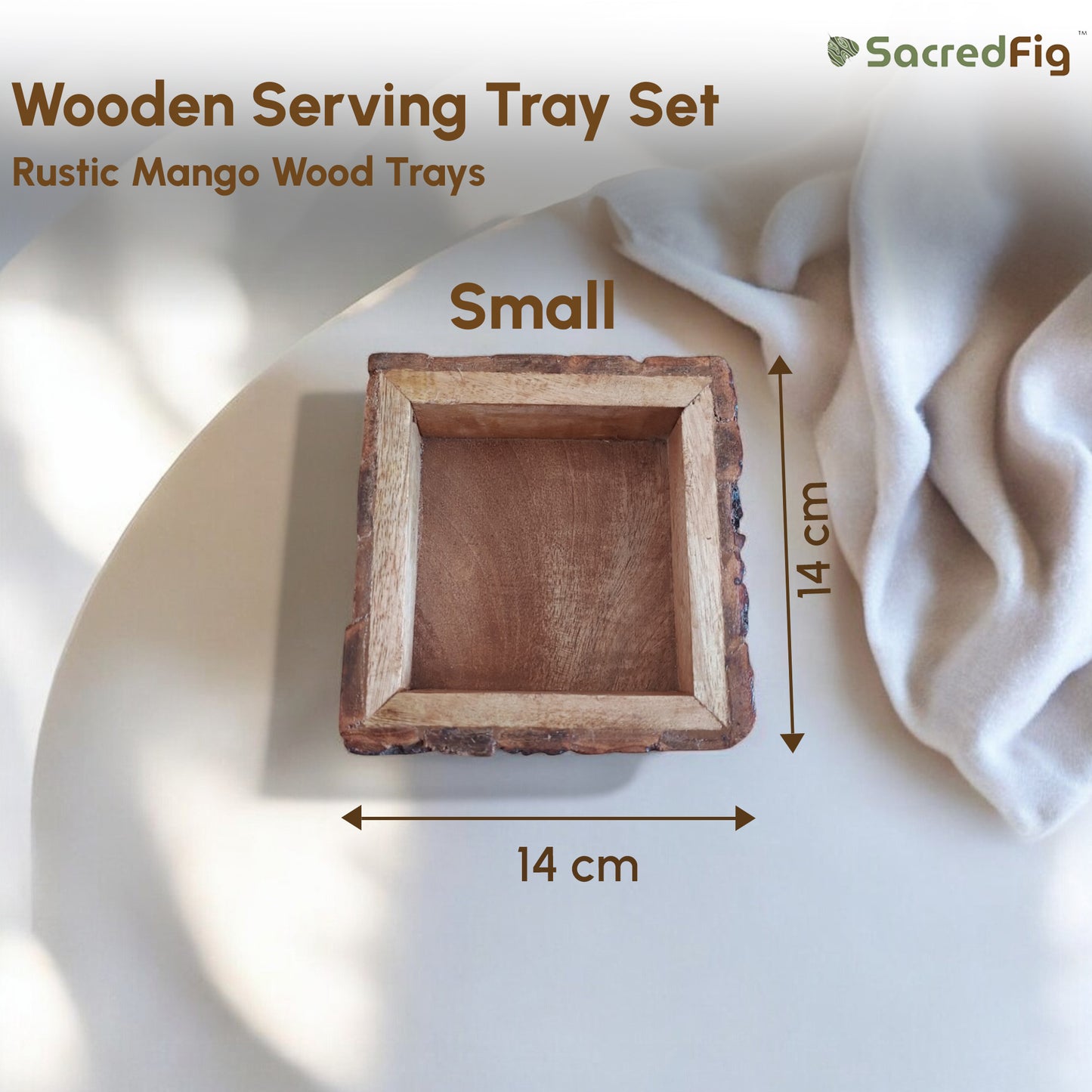 SacredFig Rustic Mango Wood Trays| Set of 3 Square Trays | S,M,L Sizes