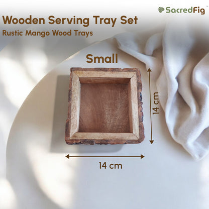 SacredFig Rustic Mango Wood Trays| Set of 3 Square Trays | S,M,L Sizes