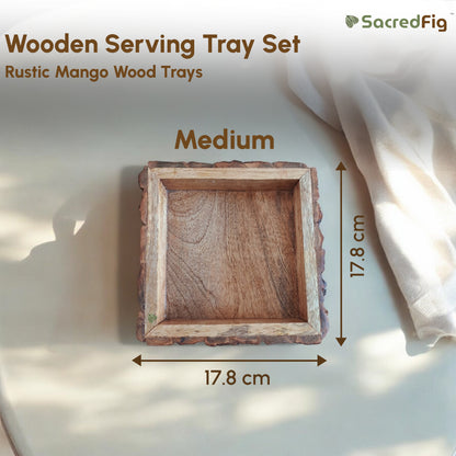 SacredFig Rustic Mango Wood Trays| Set of 3 Square Trays | S,M,L Sizes