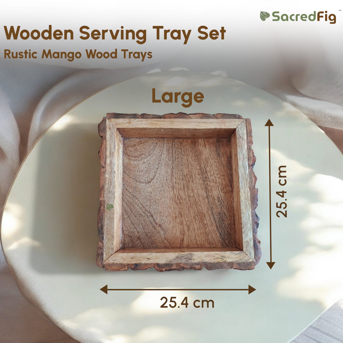 SacredFig Rustic Mango Wood Trays| Set of 3 Square Trays | S,M,L Sizes