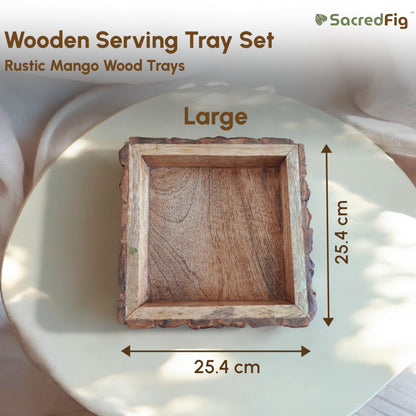 SacredFig Rustic Mango Wood Trays| Set of 3 Square Trays | S,M,L Sizes