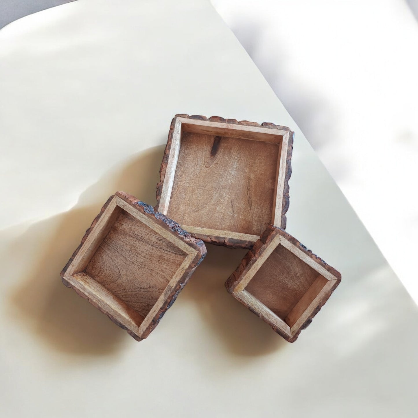 SacredFig Rustic Mango Wood Trays| Set of 3 Square Trays | S,M,L Sizes