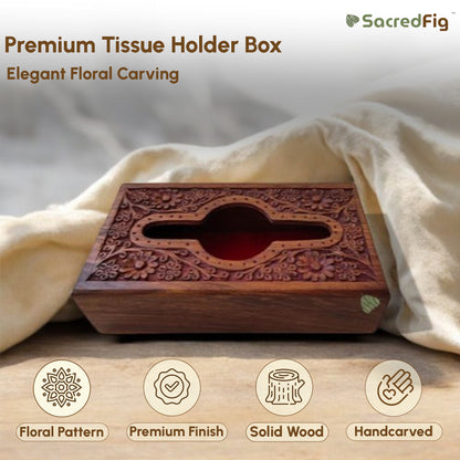 SacredFig Premium Wooden Tissue Holder Box | Elegant Floral Carving Design | 9×5 in
