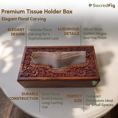 SacredFig Premium Wooden Tissue Holder Box | Elegant Floral Carving Design | 9×5 in
