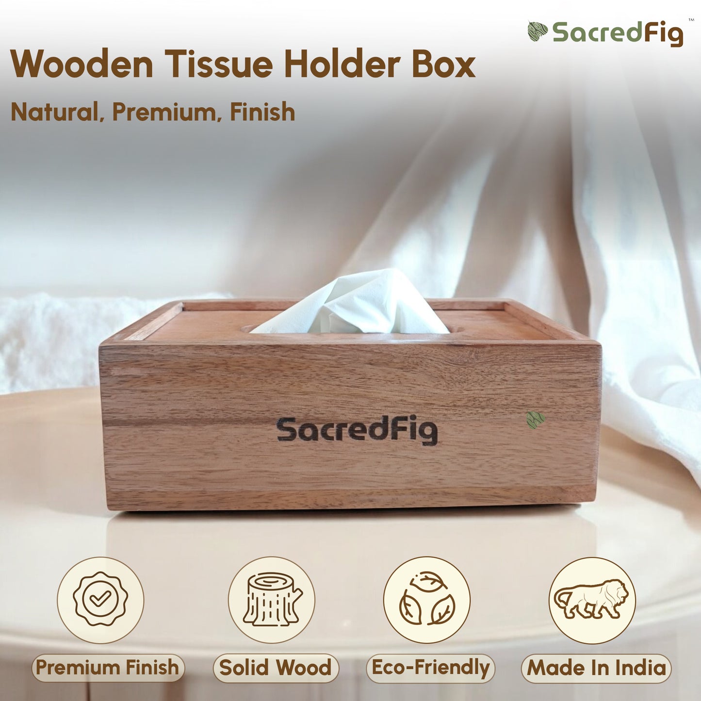 SacredFig Wooden Tissue Holder Box | Napkin Holder |Premium Minimalistic Design | Ideal for Office & Home use|9×5 in