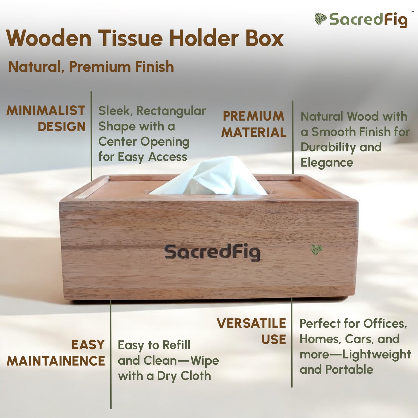 SacredFig Wooden Tissue Holder Box | Napkin Holder |Premium Minimalistic Design | Ideal for Office & Home use|9×5 in