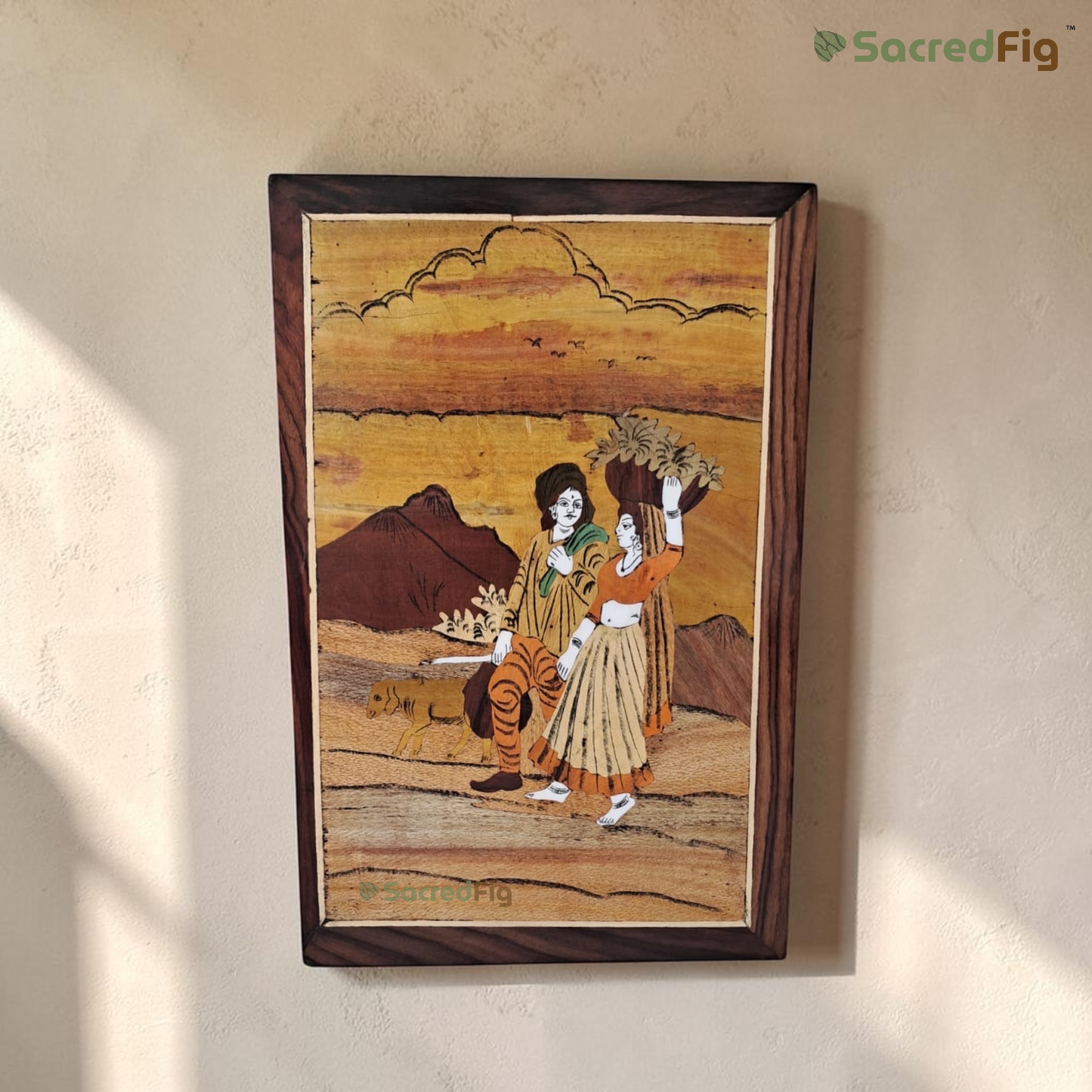 SacredFig Traditional Village Couple Mysore Inlay Art Wall Frame | 12x18 In | Handmade Wooden Wall Decor | Traditional Artwork
