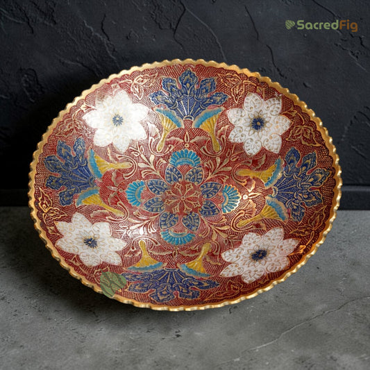SacredFig Handcrafted Brass Bowl with Red Meenakari Design (10x4 In) | Decorative Serving Bowl | Premium Festive & Gifting