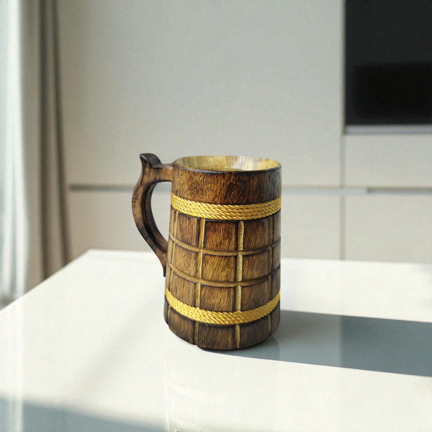 SacredFig Wooden Mug - 300 ml | Vintage Style Wooden Mug with Rope Accents | Handcrafted Large Rustic Mug
