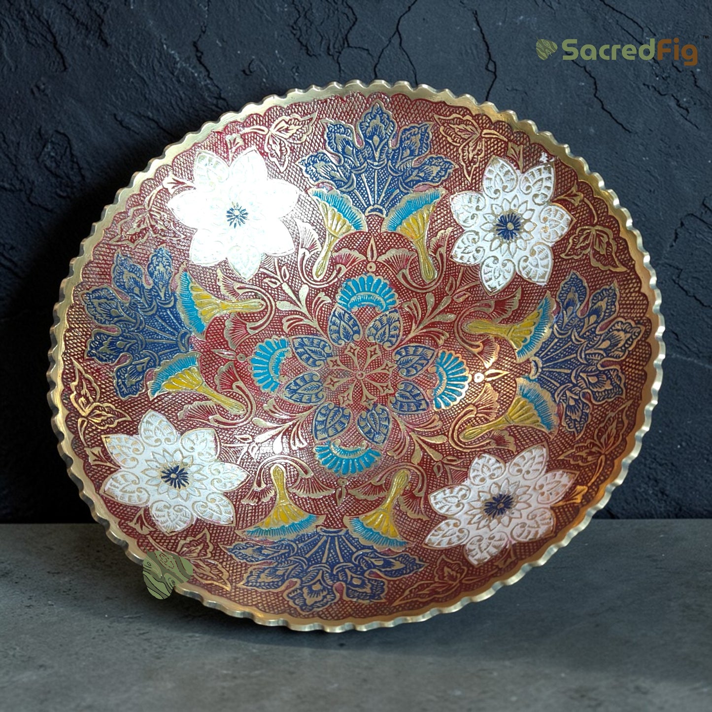 SacredFig Handcrafted Brass Bowl with Red Meenakari Design (10x4 In) | Decorative Serving Bowl | Premium Festive & Gifting