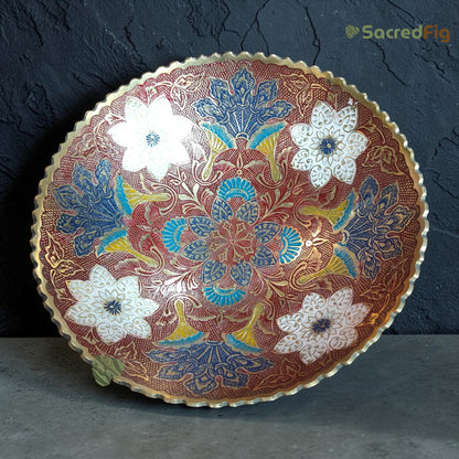 SacredFig Handcrafted Brass Bowl with Red Meenakari Design (10x4 In) | Decorative Serving Bowl | Premium Festive & Gifting
