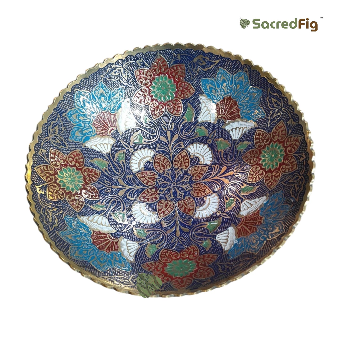 SacredFig Handcrafted Brass Bowl with Blue Meenakari Design (10x4 In) | Decorative Serving Bowl | Premium Festive & Gifting