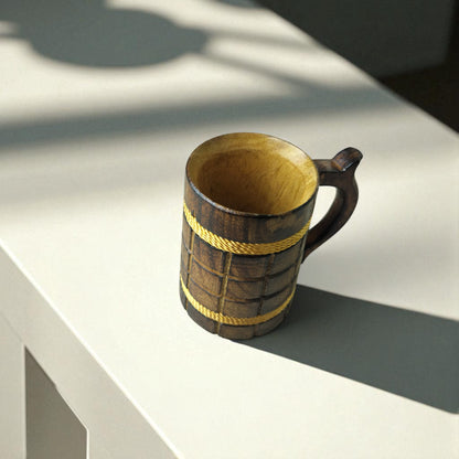 SacredFig Wooden Mug - 300 ml | Vintage Style Wooden Mug with Rope Accents | Handcrafted Large Rustic Mug