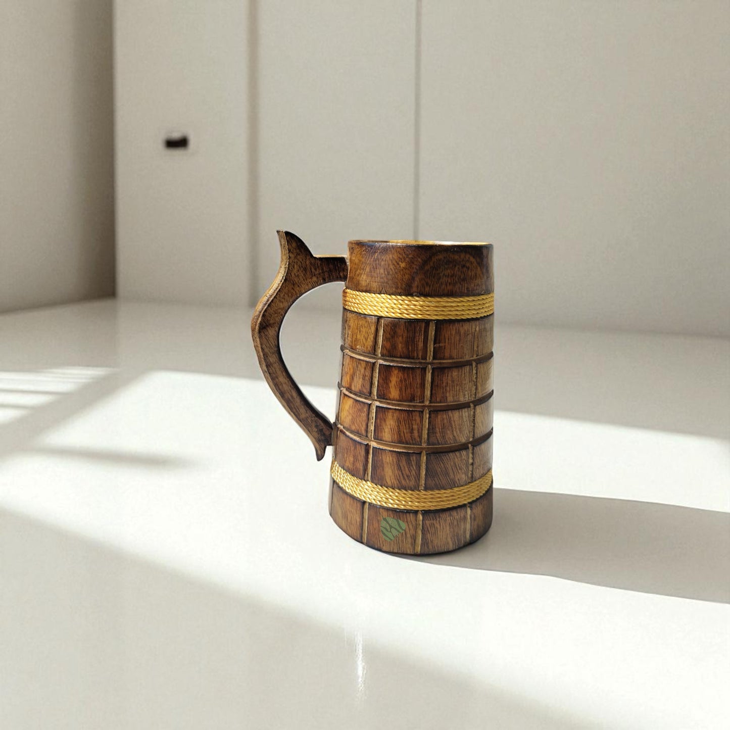 SacredFig Wooden Mug Large - 500ml | Vintage Style Wooden Mug with Rope Accents | Handcrafted Large Rustic Mug