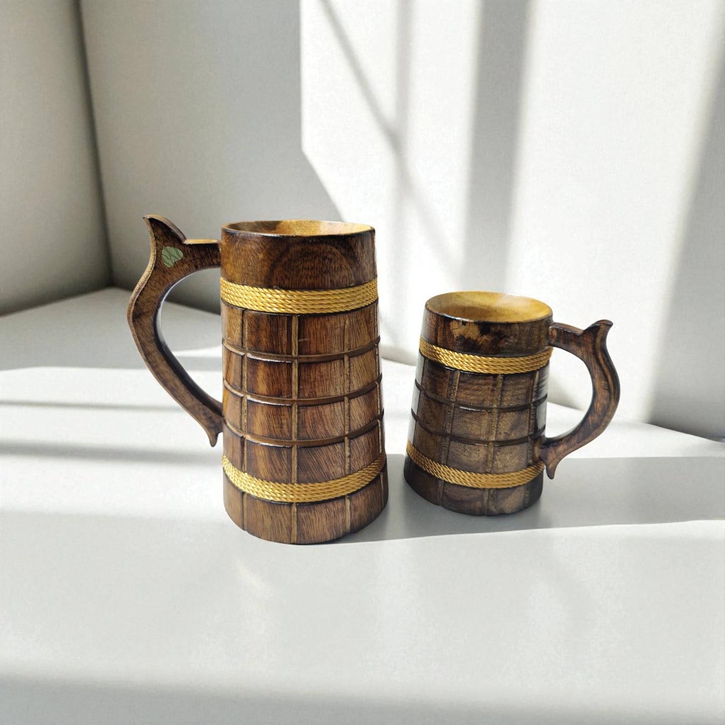 SacredFig Wooden Mug Large - 500ml | Vintage Style Wooden Mug with Rope Accents | Handcrafted Large Rustic Mug