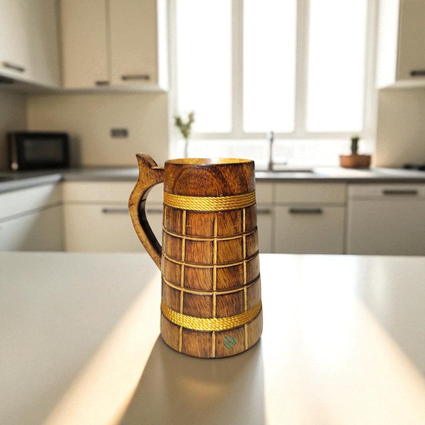 SacredFig Wooden Mug Large - 500ml | Vintage Style Wooden Mug with Rope Accents | Handcrafted Large Rustic Mug