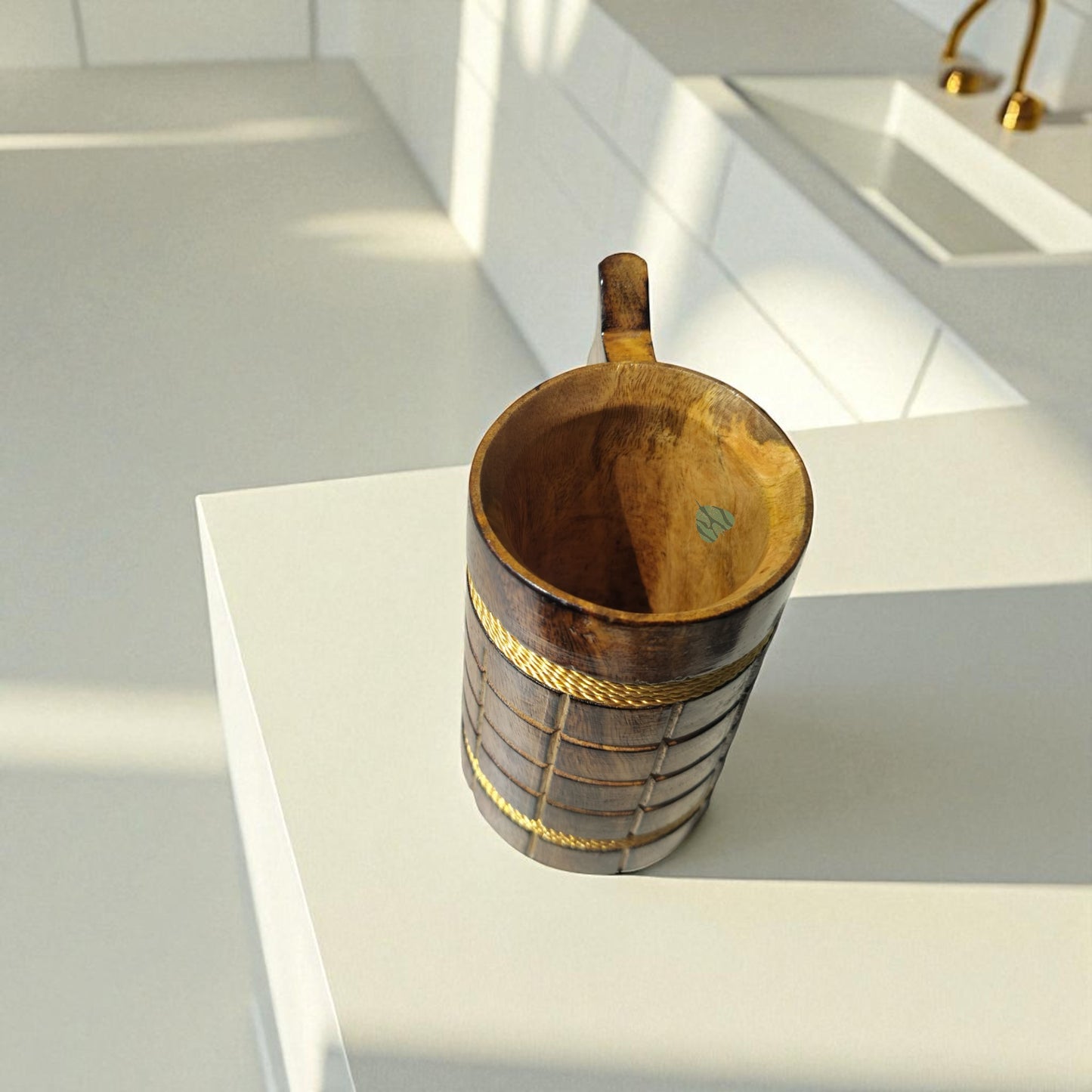 SacredFig Wooden Mug Large - 500ml | Vintage Style Wooden Mug with Rope Accents | Handcrafted Large Rustic Mug