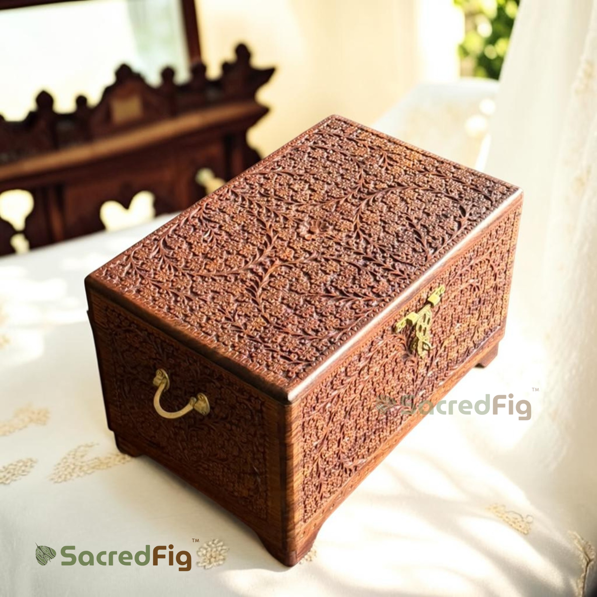SacredFig Phoolkari Sheesham Wood Sandook | Handcrafted Wooden Chest Box | 17.5 x 11.7 In.