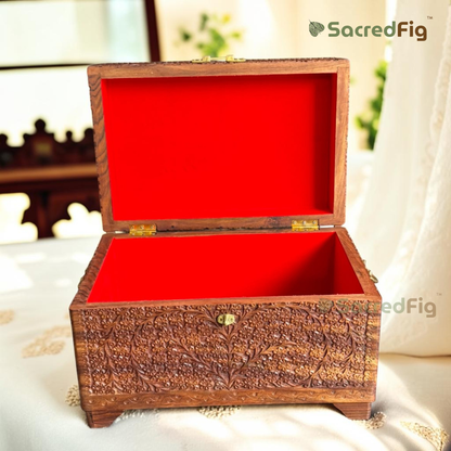SacredFig Phoolkari Sheesham Wood Sandook | Handcrafted Wooden Chest Box | 17.5 x 11.7 In.