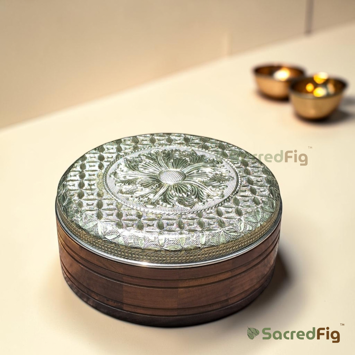 SacredFig The Emblem Sheesham Wood Box with Floral Metal Lid | Wedding & Festive Gifting Box
