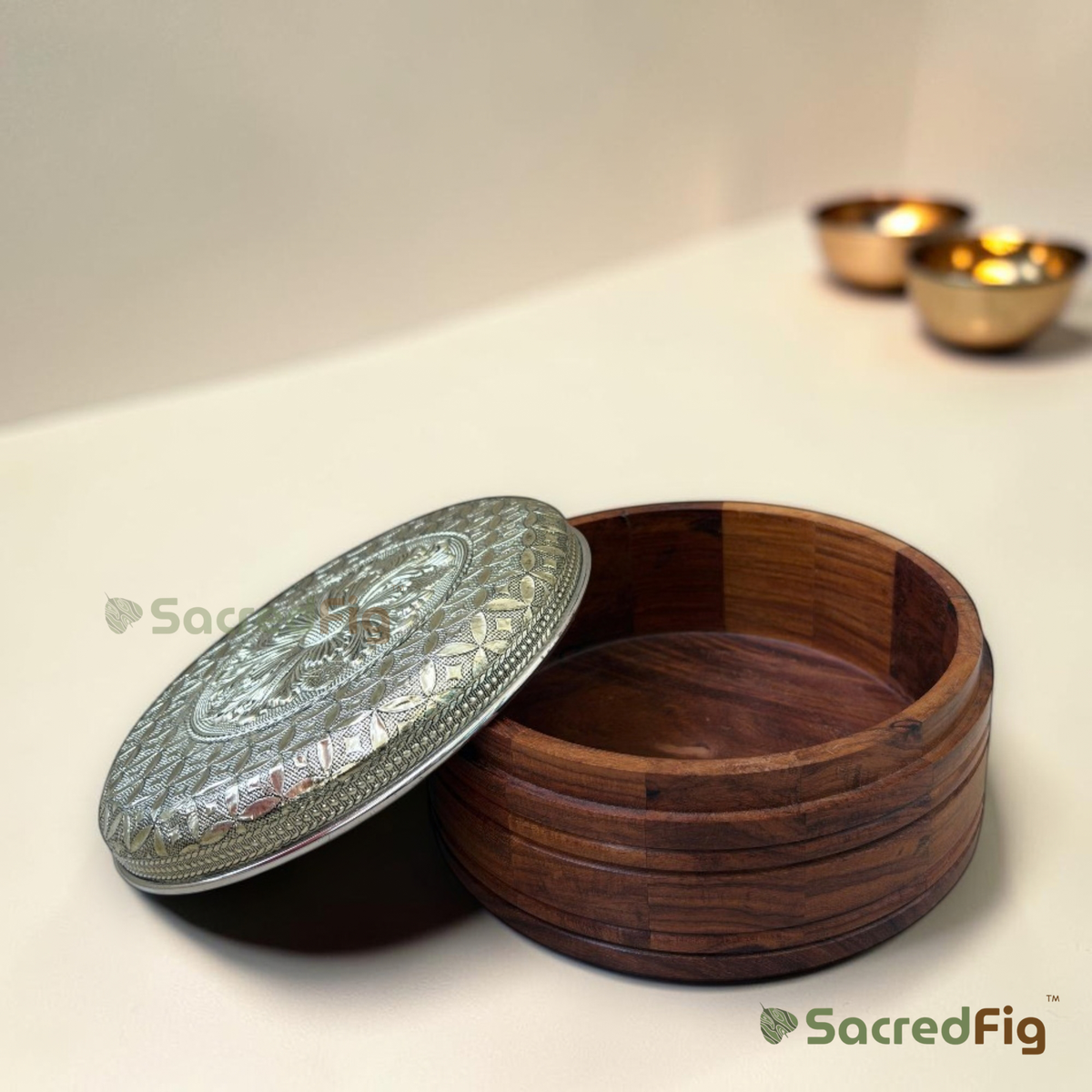 SacredFig The Emblem Sheesham Wood Box with Floral Metal Lid | Wedding & Festive Gifting Box