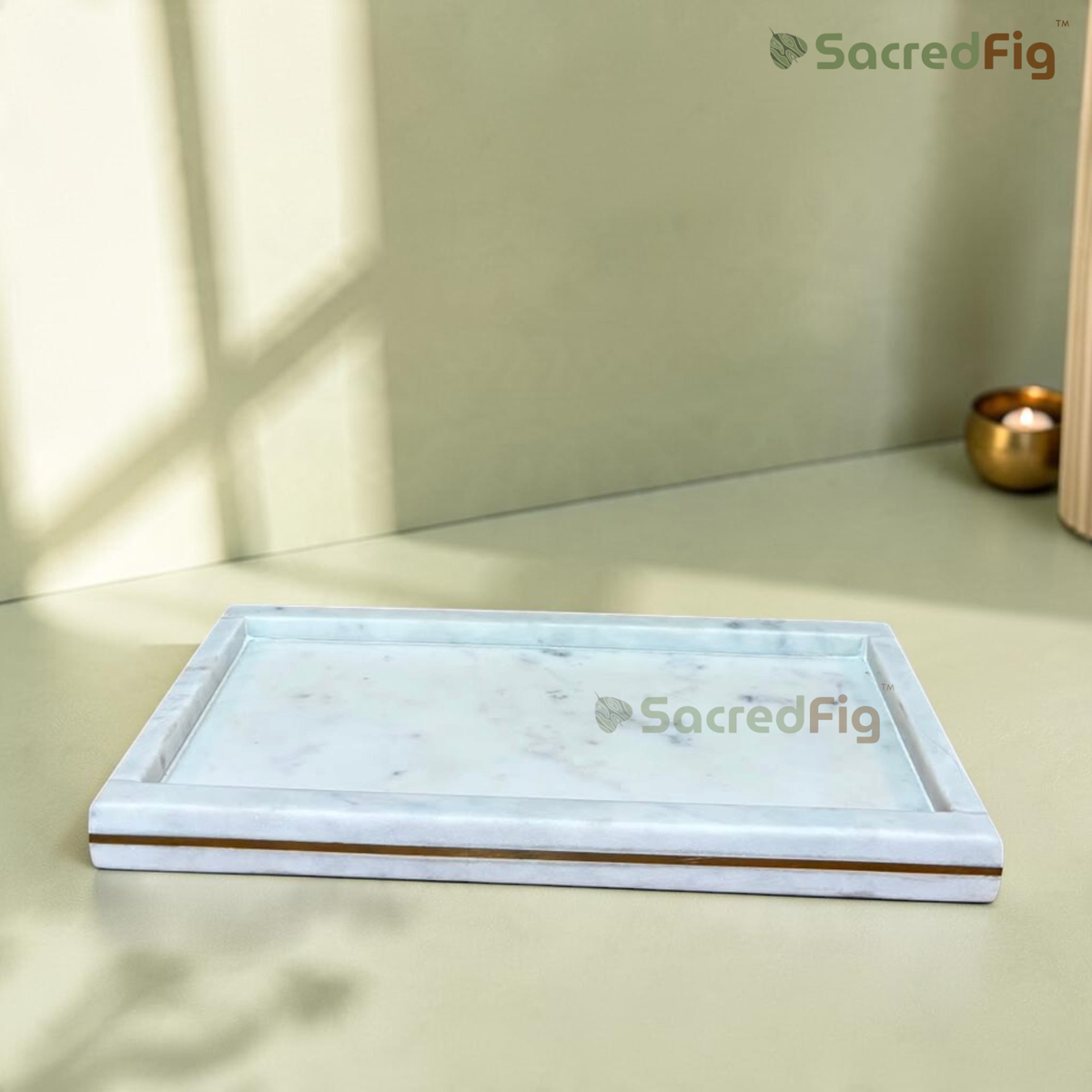 SacredFig Luna Premium Marble Tray with Brass Inlay | Decorative & Table Centerpiece Tray | 11.5 x 6 In