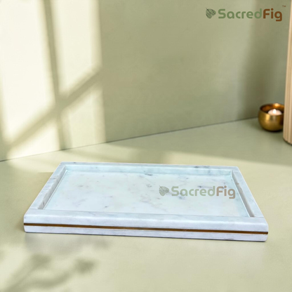 SacredFig Luna Premium Marble Tray with Brass Inlay | Decorative & Table Centerpiece Tray | 11.5 x 6 In