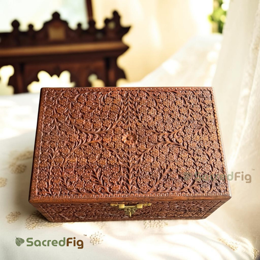 SacredFig Phoolkari Sheesham Wood Sandook | Handcrafted Wooden Chest Box | 17.5 x 11.7 In.