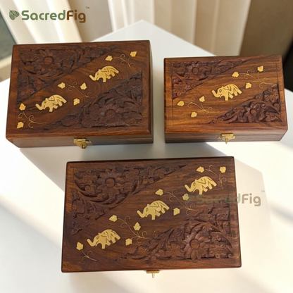 SacredFig Sheesham Wood Gift Box | Elephant Carving Design | Handcrafted Storage Box