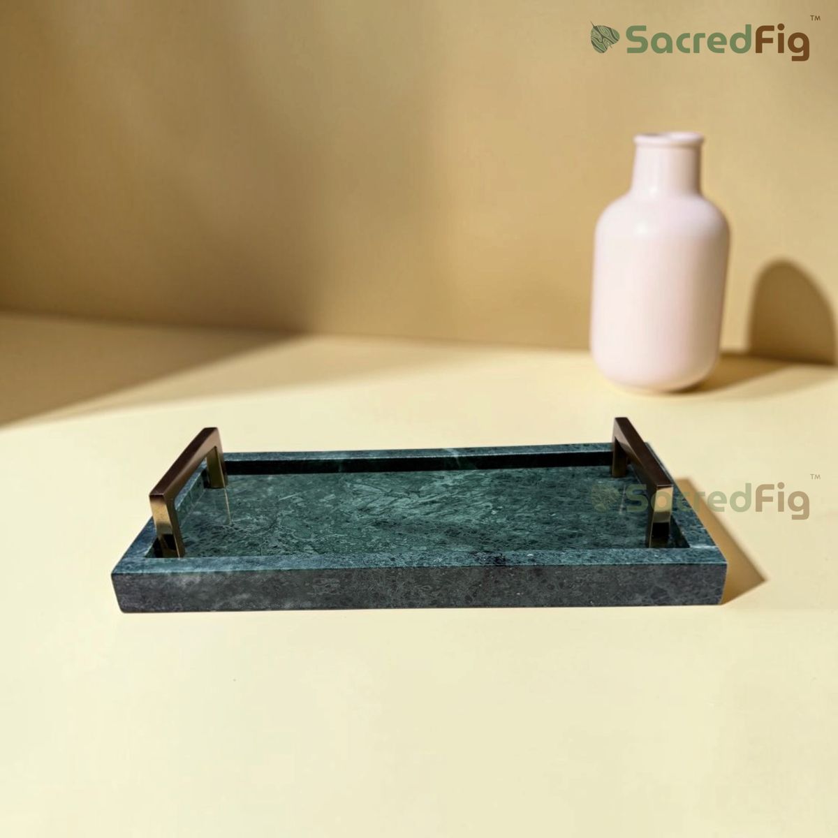 SacredFig Emerald Marble Tray with Metal Handle | Serving & Decorative Tray | 12 x 6 In
