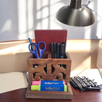Wooden Caddy with compartments for Stationery | 6 × 7 in