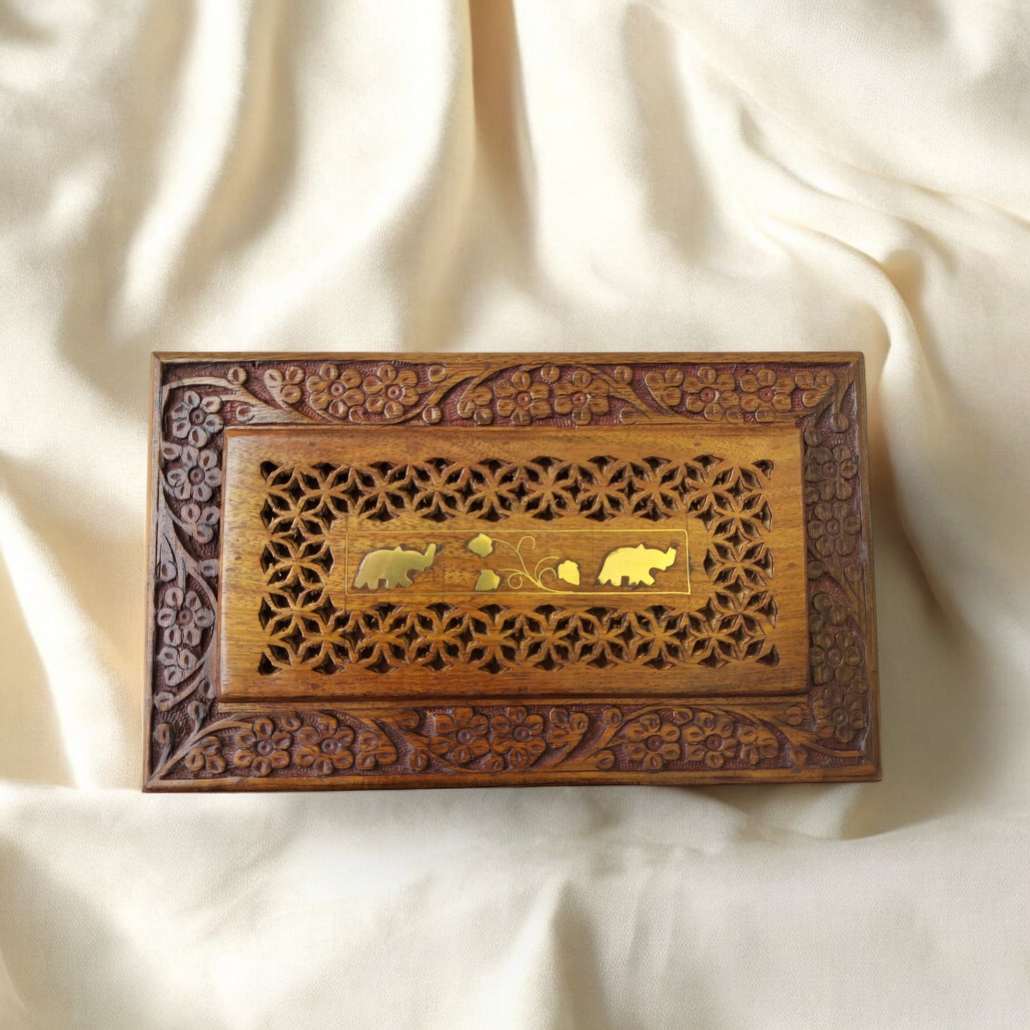 SacredFig Handcrafted Wooden Jewellery Box – 10x6 Inch | Floral Cut Carving Design | Elegant Storage & Organizer for Keepsakes