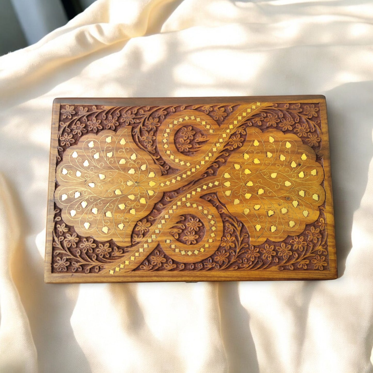 SacredFig Luxe Jewellery Box – 15x10 Inch | Brass-Inlaid Infinity Flower Design | Handcrafted Heirloom Organizer