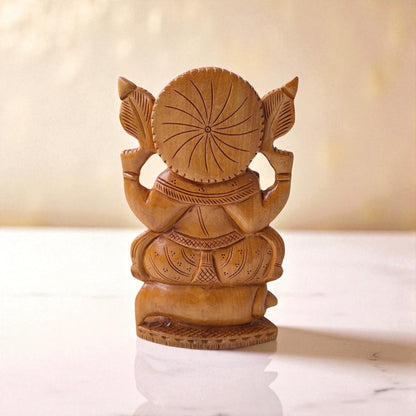 SacredFig Vighnaharta Ganesh Idol | 8 in | Ganesh Idol With Ornamental Shade | Wooden Idol for Spiritual & Home Decor