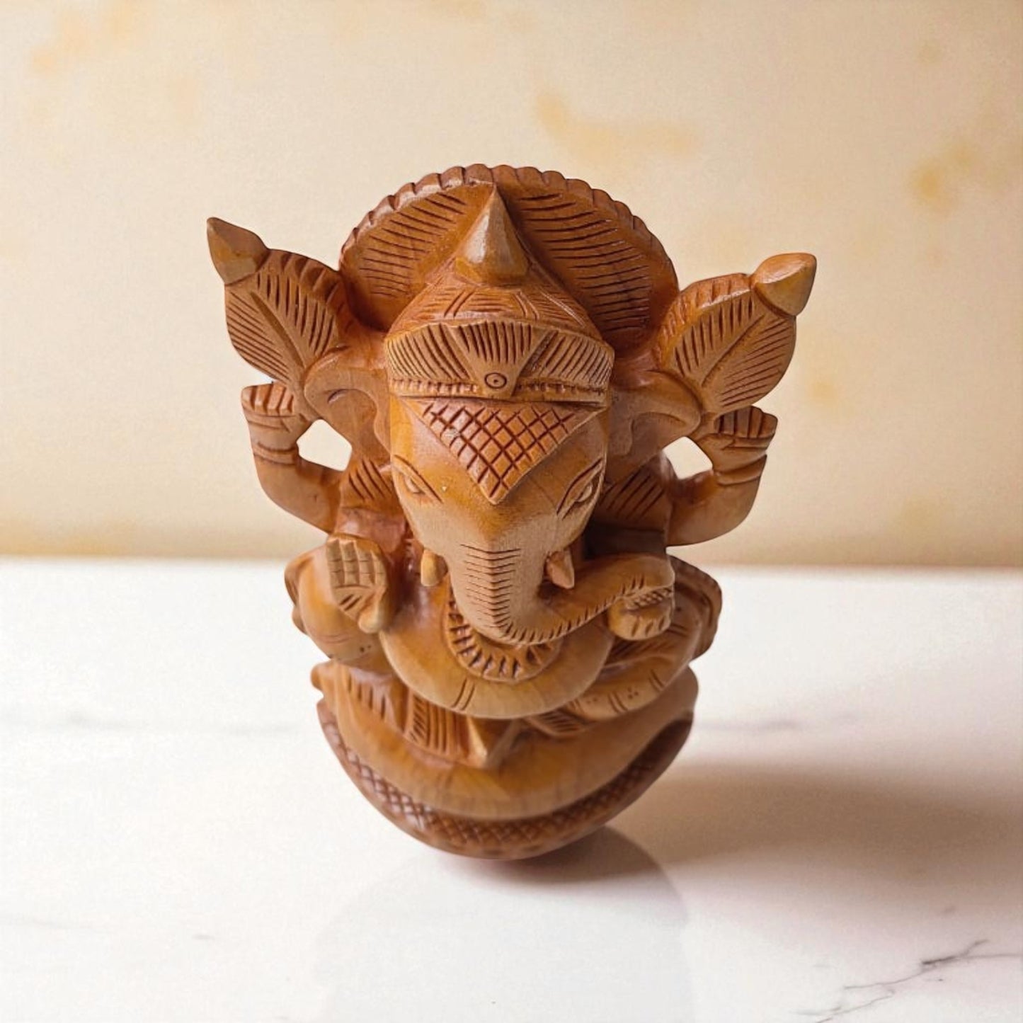 SacredFig Vighnaharta Ganesh Idol | 8 in | Ganesh Idol With Ornamental Shade | Wooden Idol for Spiritual & Home Decor
