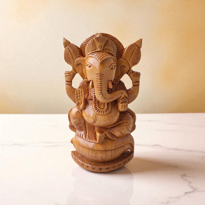 SacredFig Vighnaharta Ganesh Idol | 8 in | Ganesh Idol With Ornamental Shade | Wooden Idol for Spiritual & Home Decor