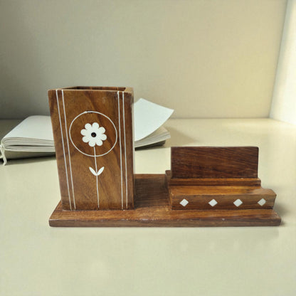 SacredFig Pen and Mobile Holder| Organizer for Desk| Inlaid Detailed Work | 7 × 3 in