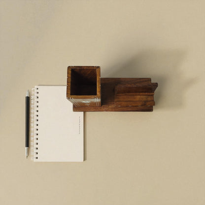 SacredFig Pen and Mobile Holder| Organizer for Desk| Inlaid Detailed Work | 7 × 3 in